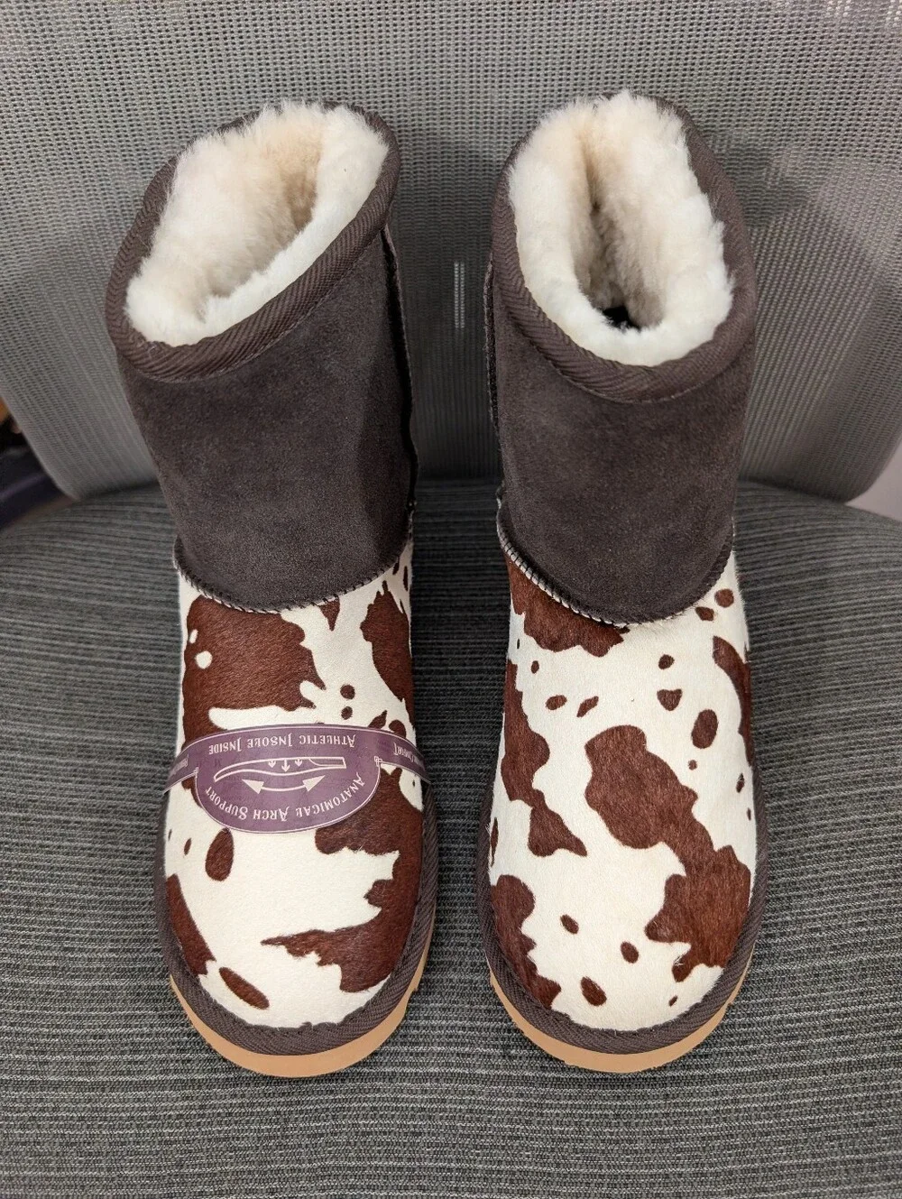 Superlamb Cow Print Sheepskin Boots Brown White Size 7 Wide NWT